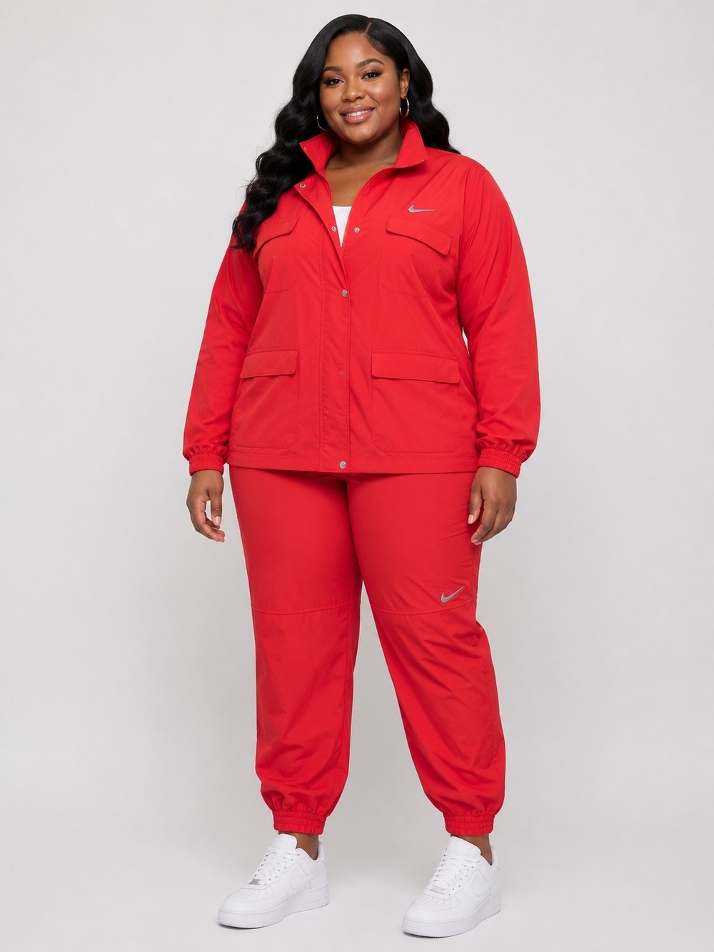 Nike Plus-Size Red Track Pantsuit with Silver Swoosh